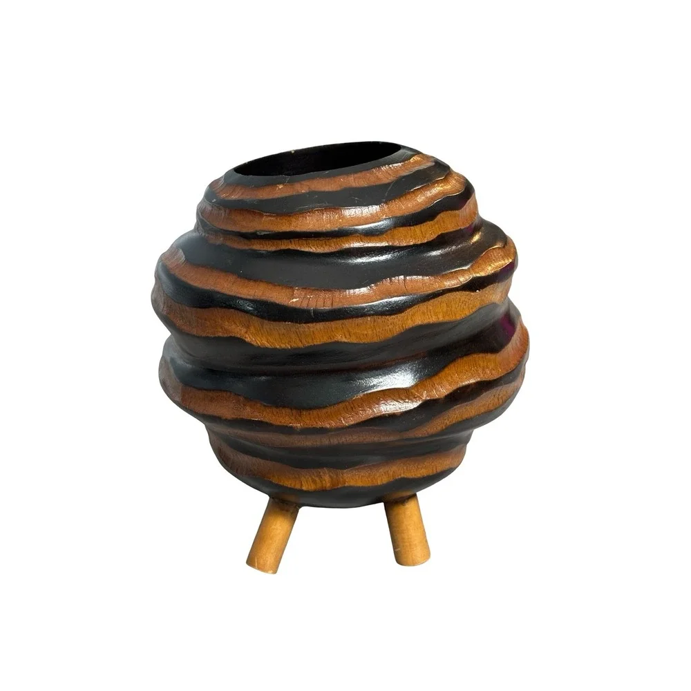 Hand Carved Wood Beehive Tripod Vase Brown Black Sculptural Boho Decor 6.5in